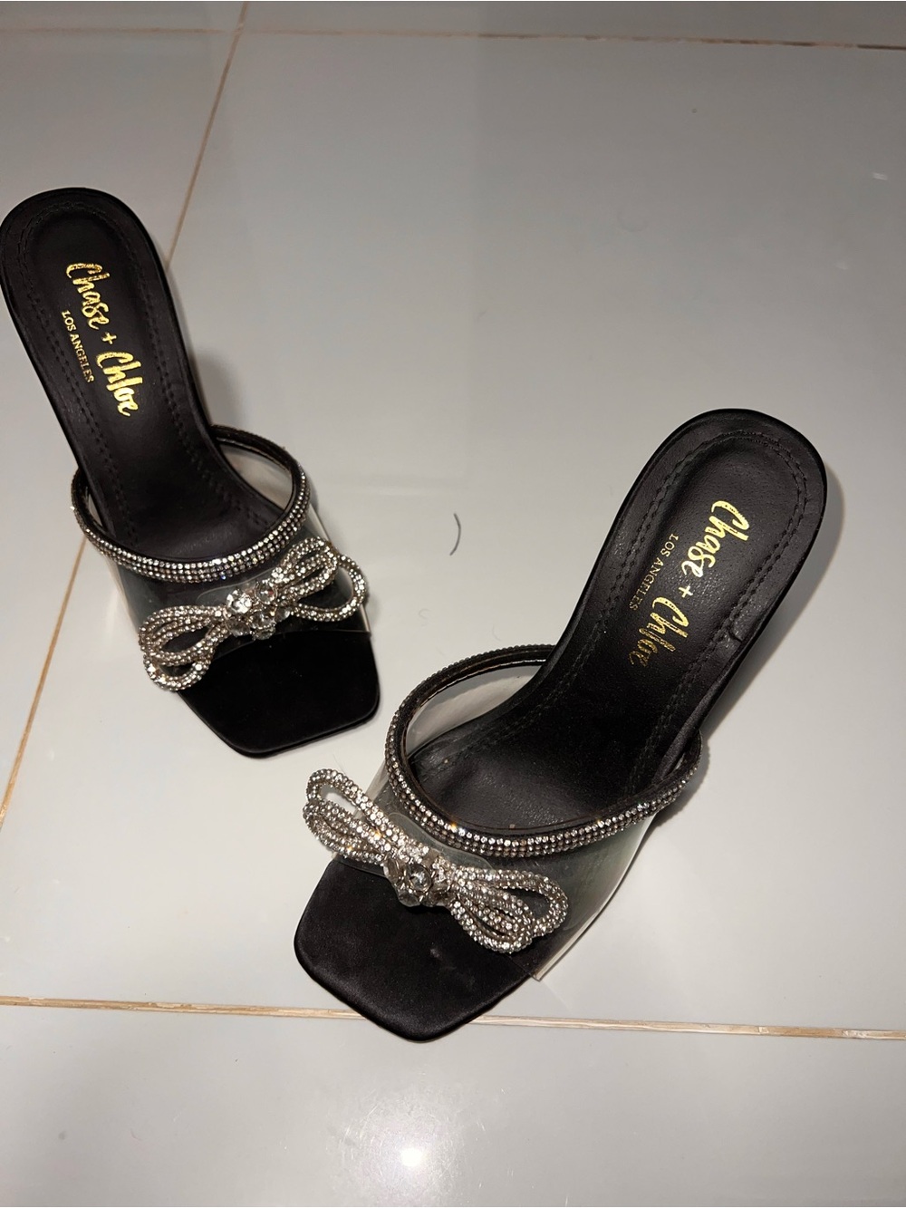Chase + Chloe Black Slide Mules with Crystal Bow
